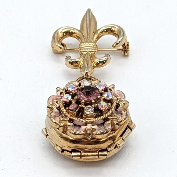 Coro Jewelry - Coro Pegasus Fleur de Lis Four-Way Locket Brooch Rhinestone Chatelain 1950s